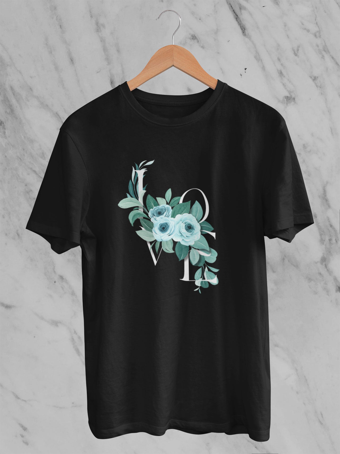 Floral love printed 240 gsm classic oversized unisex t shirt in black