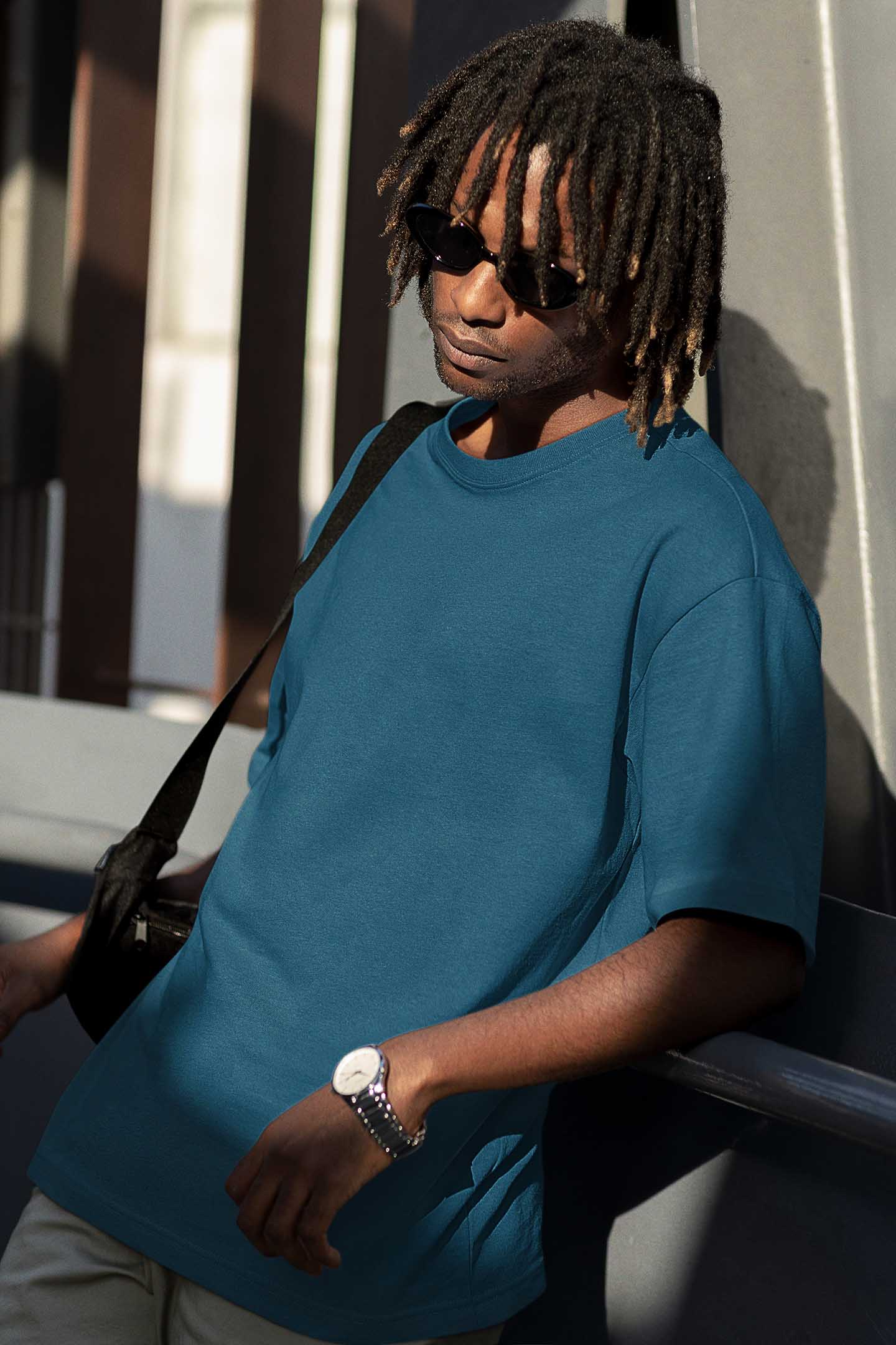 Oversized petrol blue plain t shirt for men