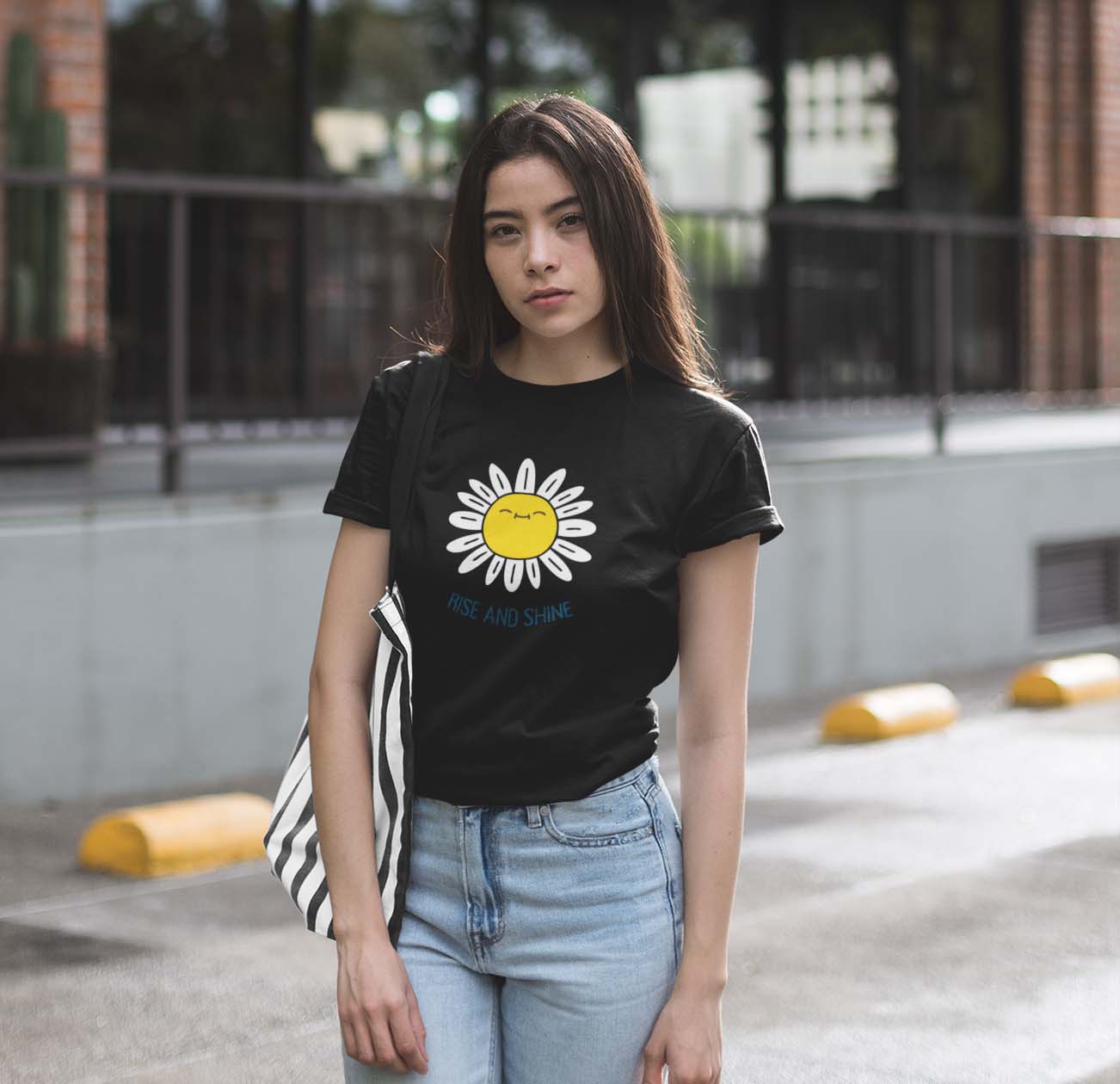 Rise n shine black unisex t shirt for women