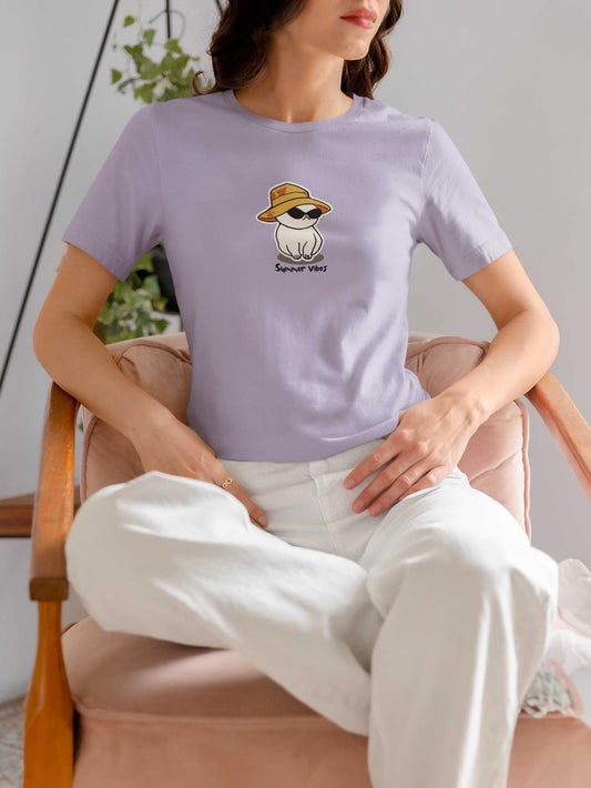 Cat with hat printed unisex size t shirt in lavender for women