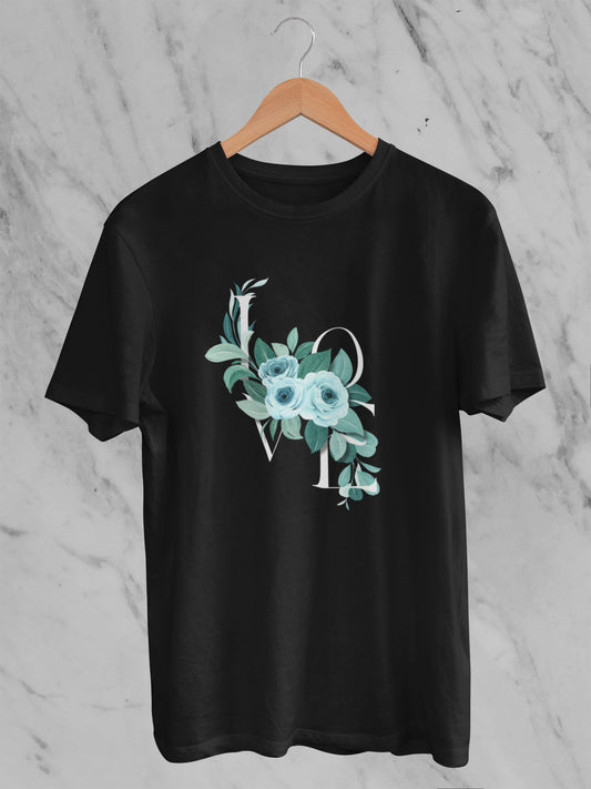 Floral love printed 240 gsm classic oversized unisex t shirt in black