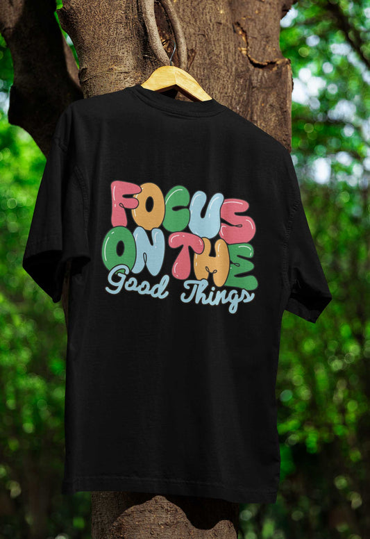 Focus back printed 240 gsm oversized unisex black t shirt
