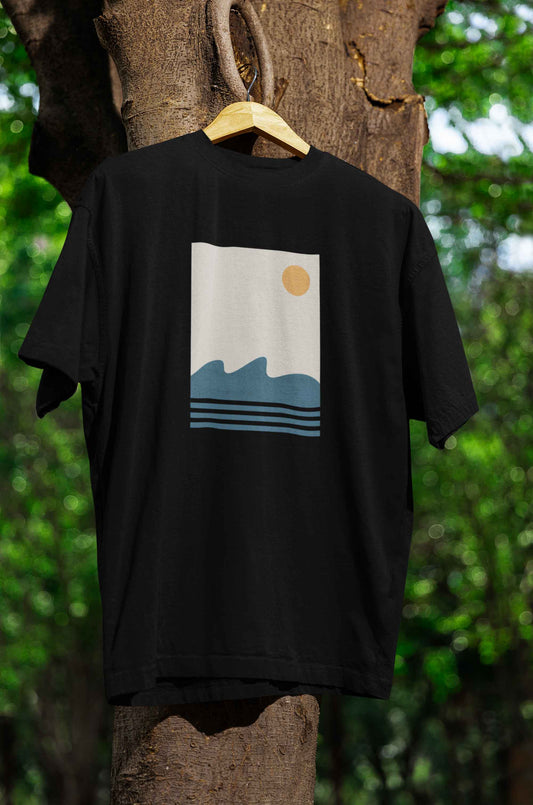 Sun printed 240 gsm classic oversized unisex t shirt in black