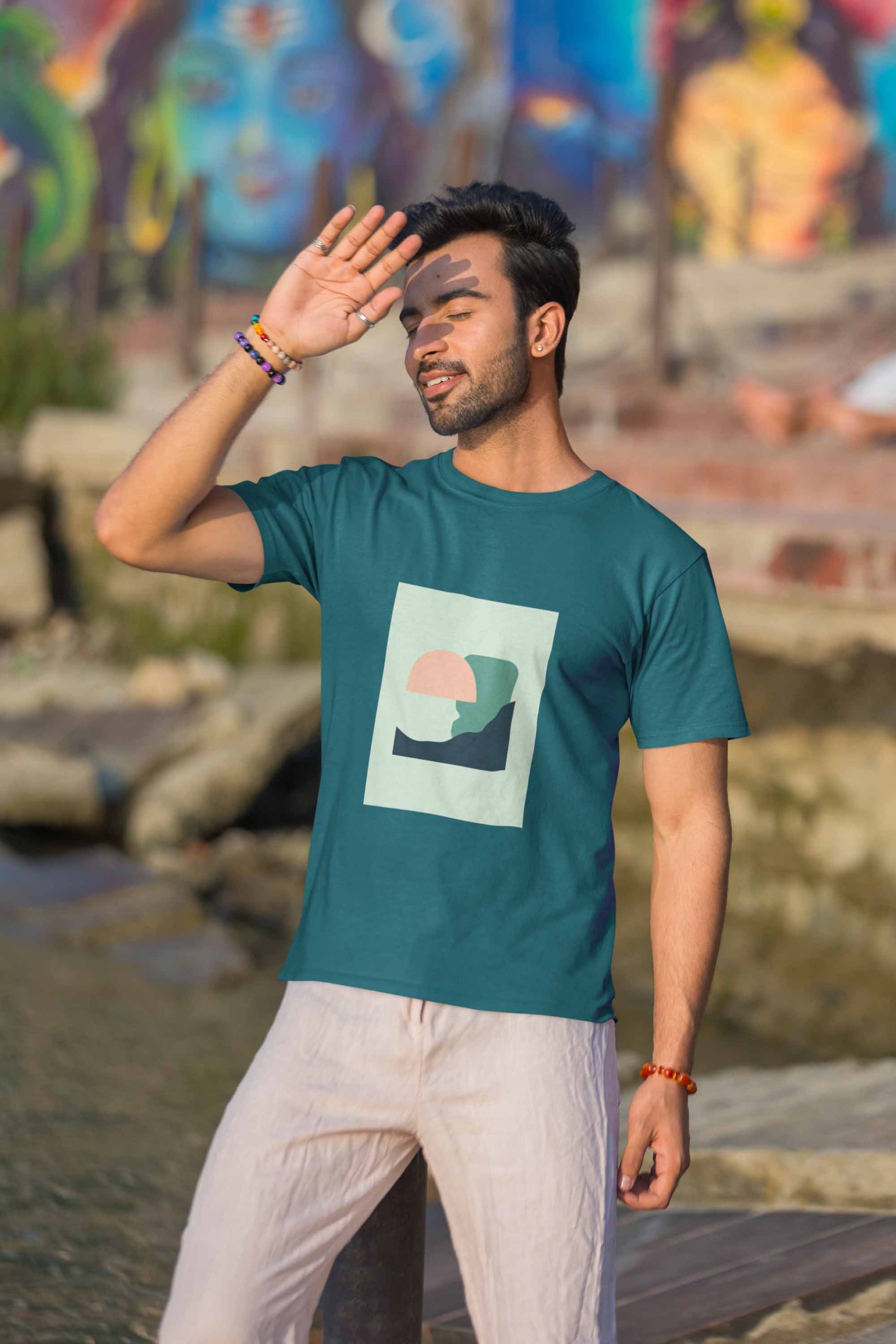 Abstract print petrol blue t shirt for men