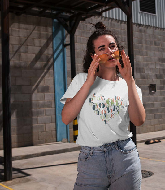 Heart alphabets white unisex t shirt for women
