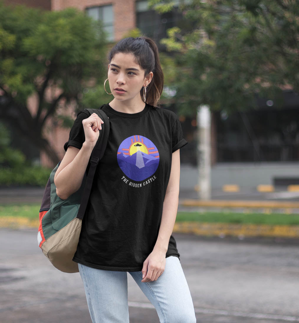 Hidden castle unisex black t shirt for women