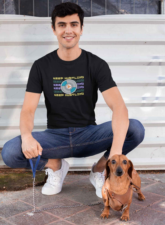 Keep hustling black printed t shirt for men