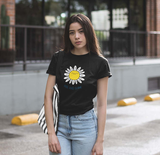 Rise n shine black unisex t shirt for women