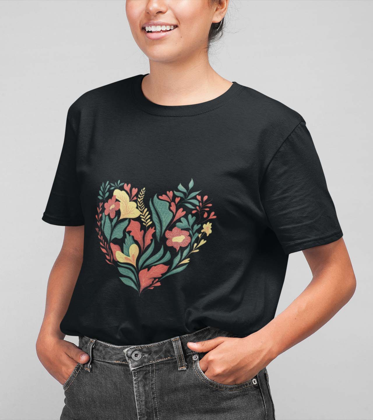 floral print women t shirt black
